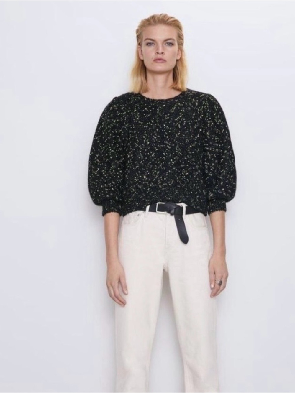 Zara Black Speckled Puff-Sleeve Crew Sweater